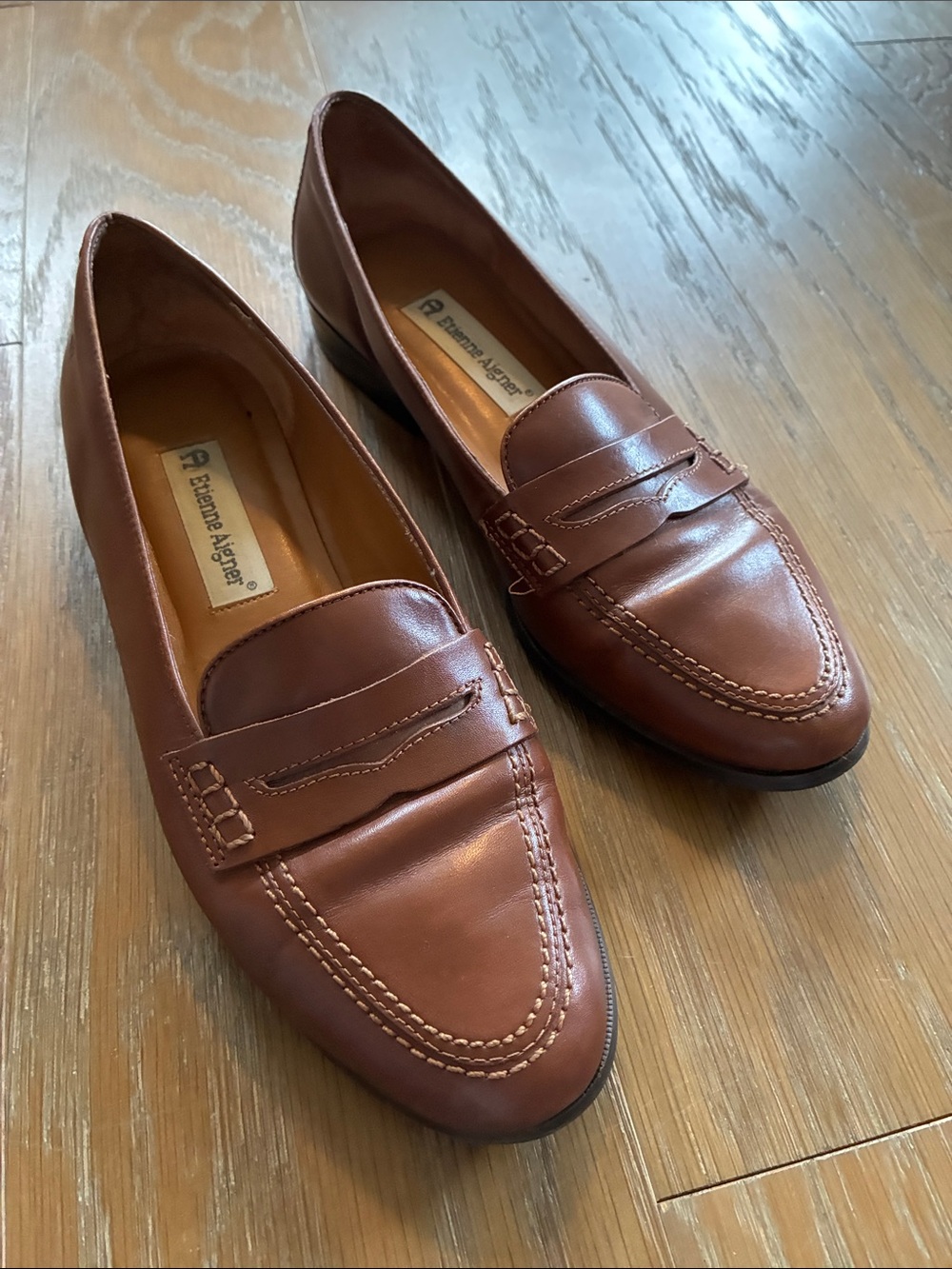 Etienne Aigner Chestnut Brown Leather Penny Loafers